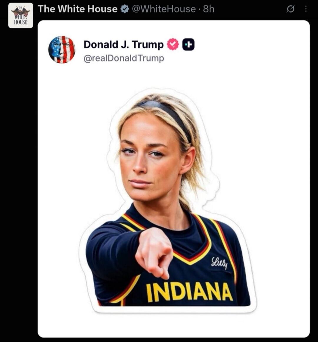 The White House @WhiteHouse 8h Donald J. Trump @realDonaldTrump WHITE HOUSE INDIANA Lilly A woman in a dark blue and yellow sports jersey with 'INDIANA' written on it, pointing directly at the viewer.
