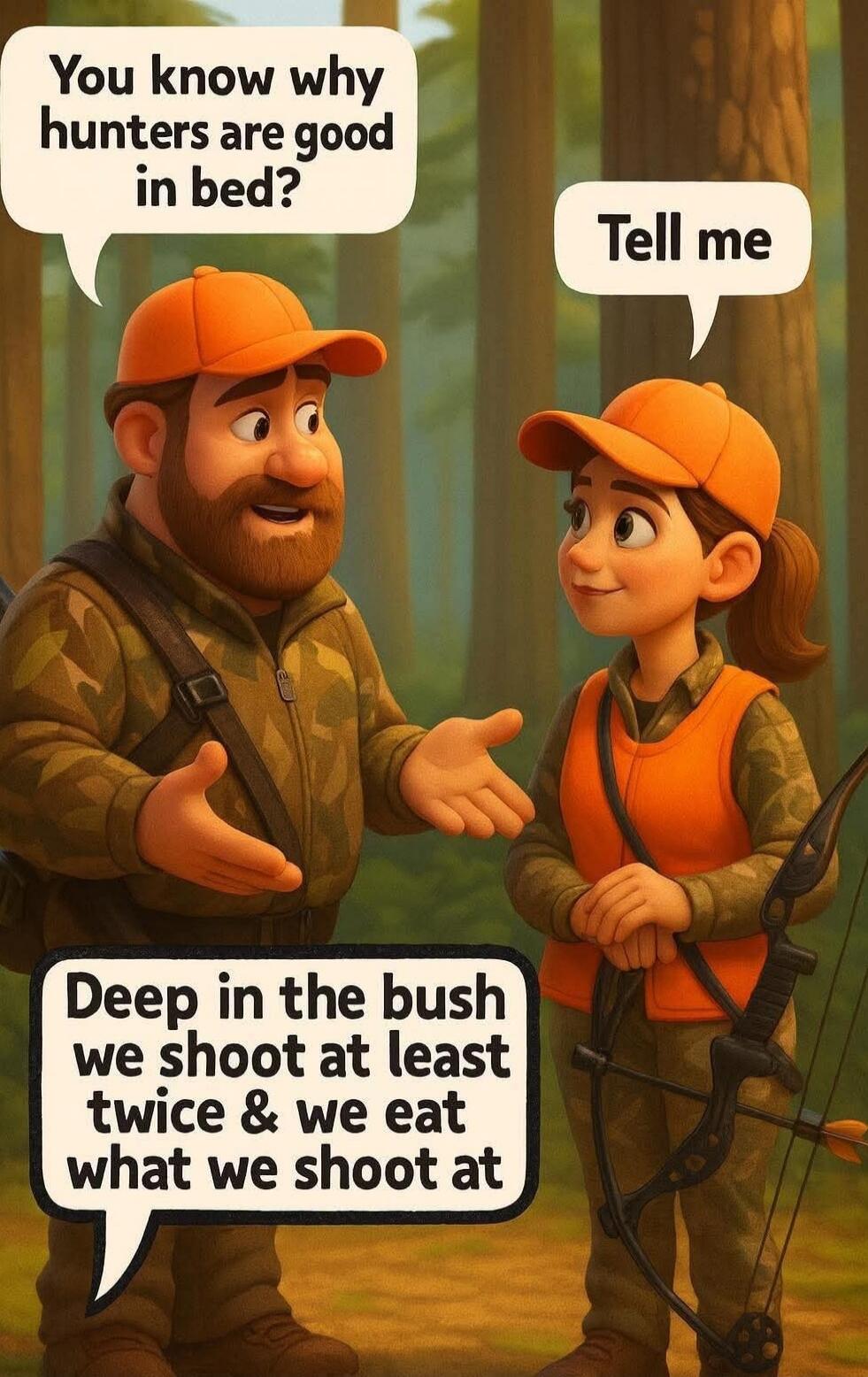 You know why hunters are good in bed?
Tell me
Deep in the bush we shoot at least twice & we eat what we shoot at