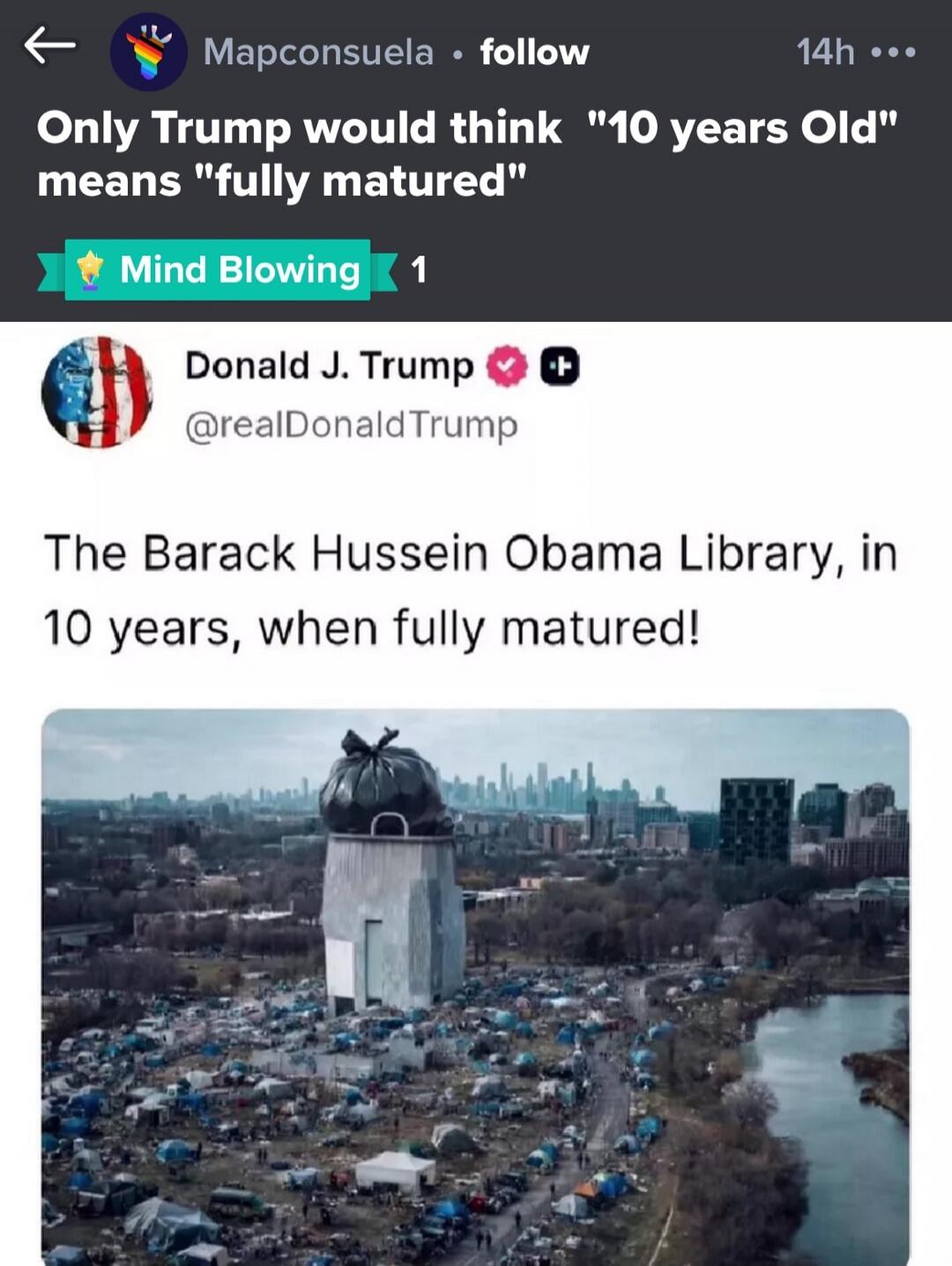 Only Trump would think '10 years Old' means 'fully matured'. Donald J. Trump @realDonaldTrump: The Barack Hussein Obama Library, in 10 years, when fully matured!