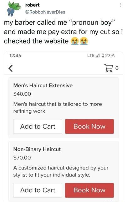 robert RobboNeverDies my barber called me pronoun boy and made me pay extra for my cut so i checked the website 1246 LTE 4 027 Ho Mens Haircut Extensive 4000 Mens haircut that is tailored to more refining work Add to Cart Non Binary Haircut 7000 A customized haircut designed by your stylist to fit your individual style