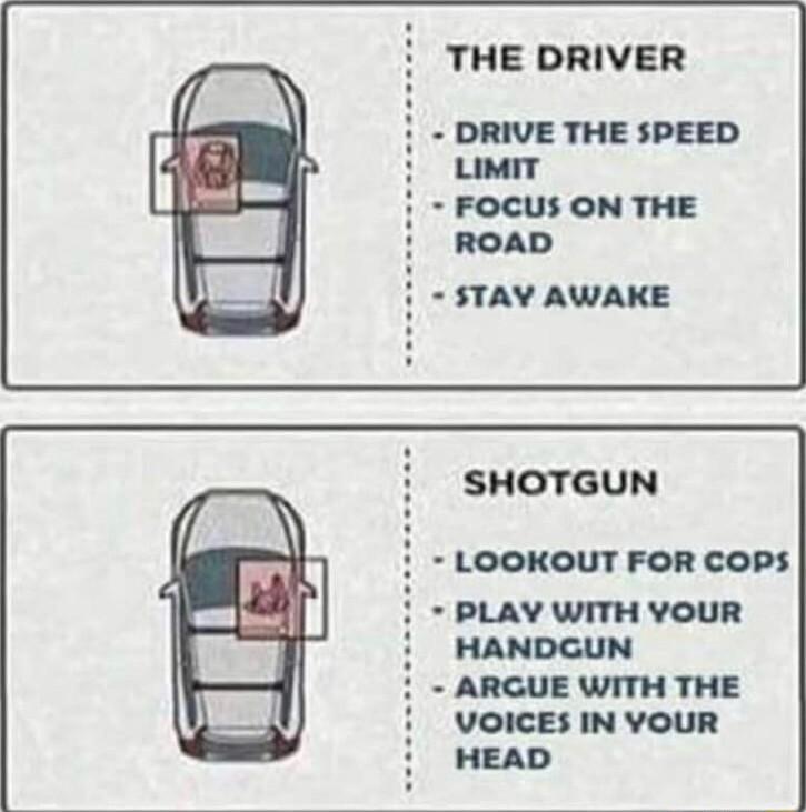 THE DRIVER DRIVE THE SPEED uMIT FOCUS ON THE ROAD STAY AWAKE SHOTGUN LOOKOUT FOR COPS PLAY WITH YOUR HANDGUN ARGUE WITH THE VOICES IN YOUR HEAD