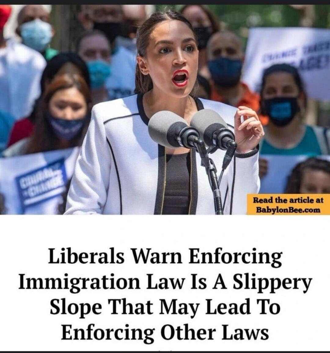 Liberals Warn Enforcing Immigration Law Is A Slippery Slope That May Lead To Enforcing Other Laws. Read the article at BabylonBee.com.