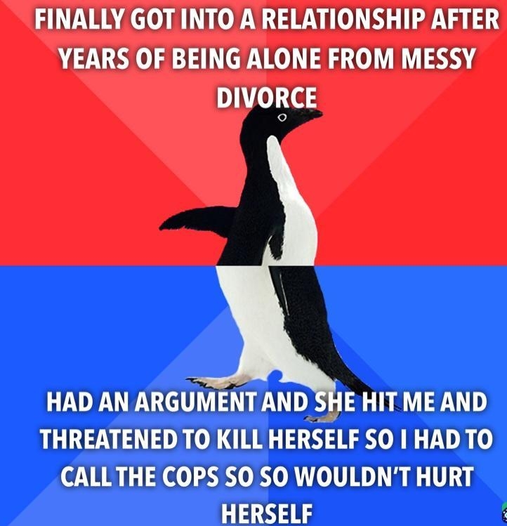 FINALLY GOT INTO A RELATIONSHIP AFTER YEARS OF BEING ALONE FROM MESSY DIVORCE HAD AN ARGUMENT AND SHE HIT ME AND THREATENED TO KILL HERSELF SO HAD TO CALLTHE COPS SO SO WOULDNT HURT HERSELF