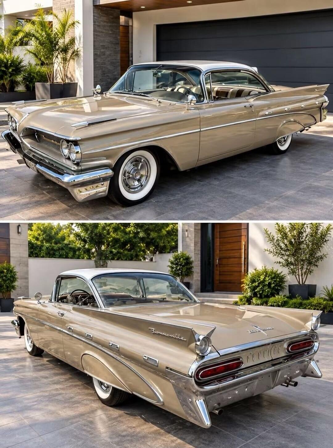 A vintage Pontiac Bonneville car in a light brown or champagne color with a white roof, parked on a paved driveway in front of a modern house. The car features prominent tail fins and chrome details.