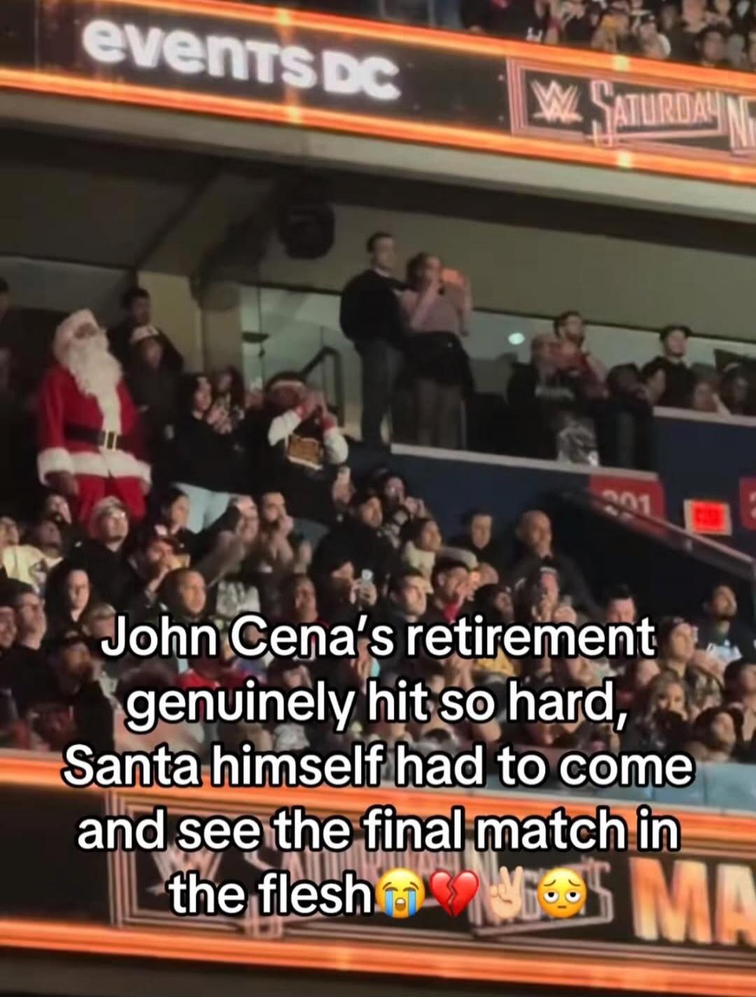 John Cena’s retirement genuinely hit so hard, Santa himself had to come and see the final match in the flesh 😭💖🤭