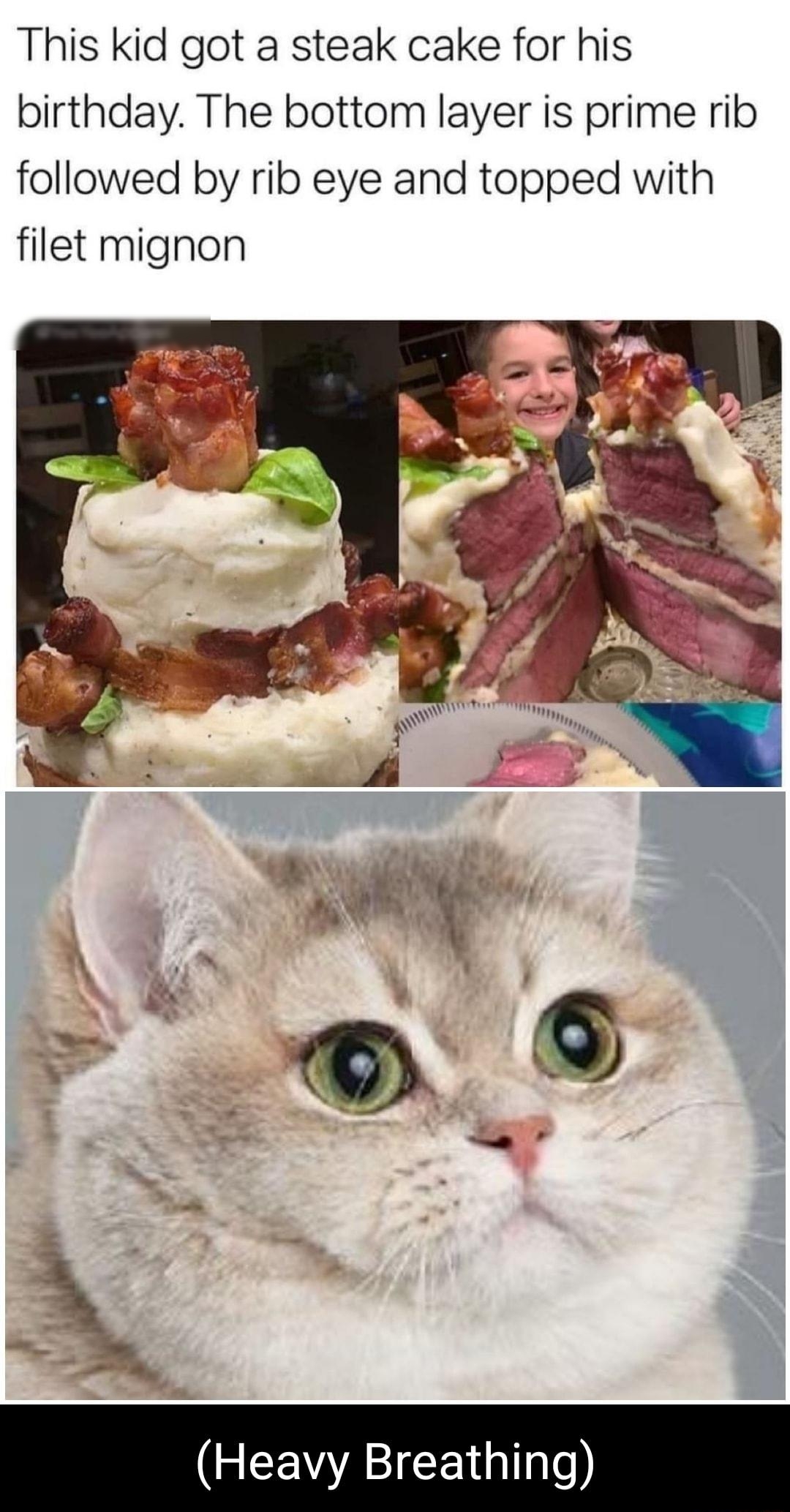 This kid got a steak cake for his birthday The bottom layer is prime rib followed by rib eye and topped with filet mignon GEEWAIGCE G T1ale