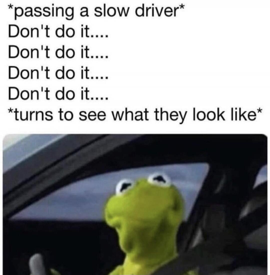 *passing a slow driver*
Don't do it....
Don't do it....
Don't do it....
Don't do it....
*turns to see what they look like*