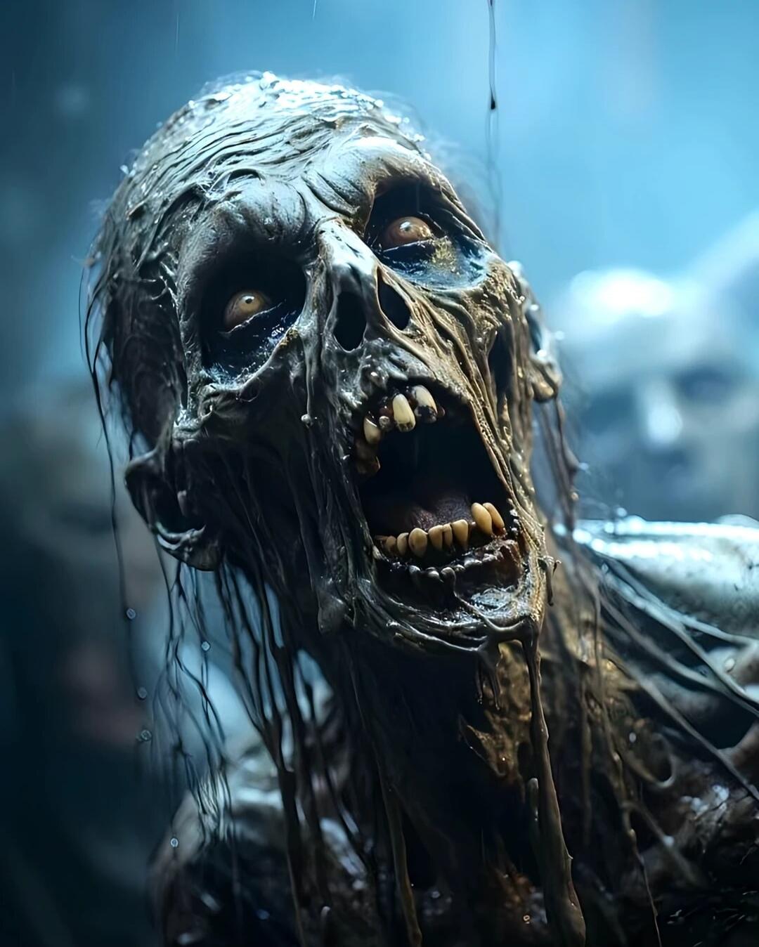 Zombie-like corpse with decayed face, exposed teeth, and wet, decaying skin. The image is dark and eerie.