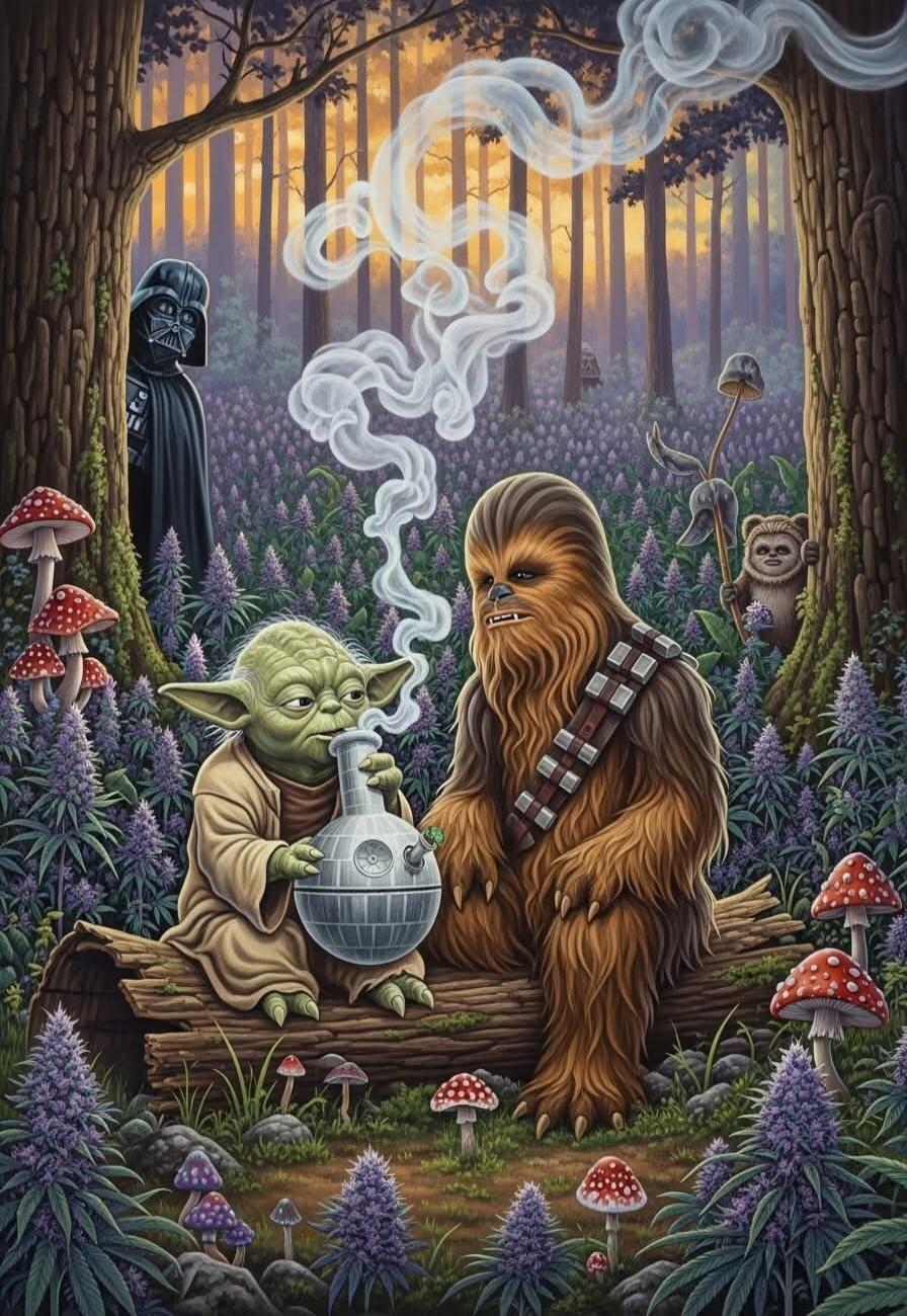 In a whimsical forest, Yoda and Chewbacca sit on a log sharing a smoking device that emits curling smoke. Darth Vader stands nearby among tall trees, with colorful mushrooms and other playful forest creatures, including a small monkey-like figure in the background. The scene is a humorous mash-up of Star Wars characters in a stylized illustration.