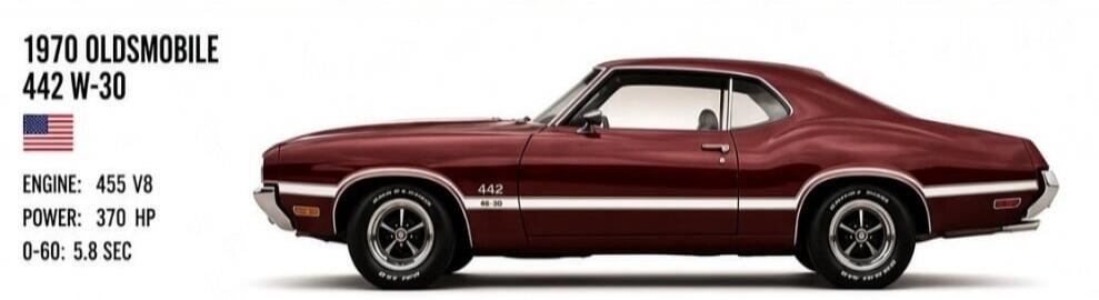 1970 Oldsmobile 442 W-30. Engine: 455 V8. Power: 370 HP. 0-60: 5.8 seconds.