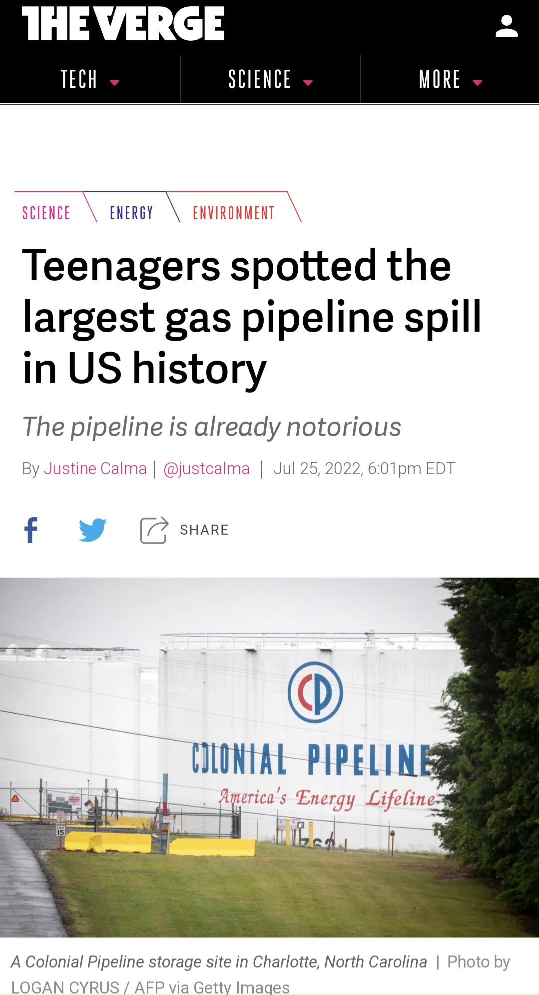 THEVERGE TECH SCIENCE MORE aEe Teenagers spotted the largest gas pipeline spill in US history The pipeline is already notorious UIONTAL PIPELIN