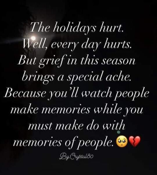 The holidays hurt. Well, every day hurts. But grief in this season brings a special ache. Because you'll watch people make memories while you must make do with memories of people. By Crystal80