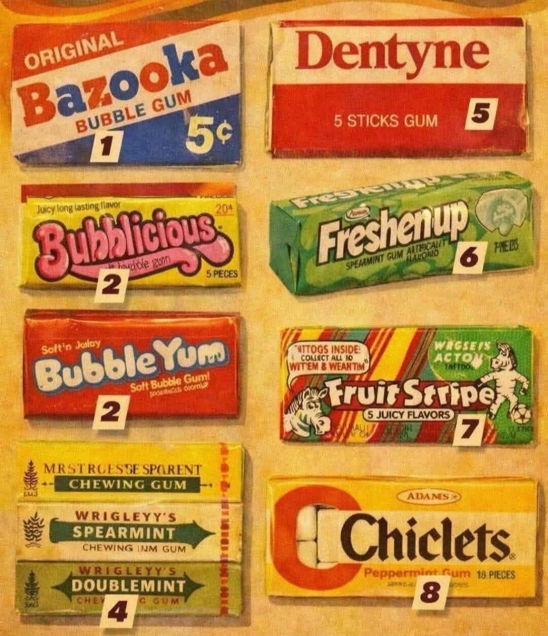 ORIGINAL Bazooka BUBBLE GUM 5¢. Dentyne 5 STICKS GUM. Juicy long lasting flavor Bubblicious bubble gum 5 PIECES. Freshenup SPEARMINT GUM ARTIFICALLY FLAVORED. Soft'n Juicy Bubble Yum Soft Bubble Gum! TATTOOS INSIDE! COLLECT ALL 10 WIT'EM & WEAR'EM! Fruit Stripe 5 JUICY FLAVORS. MR. STROESSE'S PARENT CHEWING GUM. WRIGLEY'S SPEARMINT CHEWING GUM. WRI
