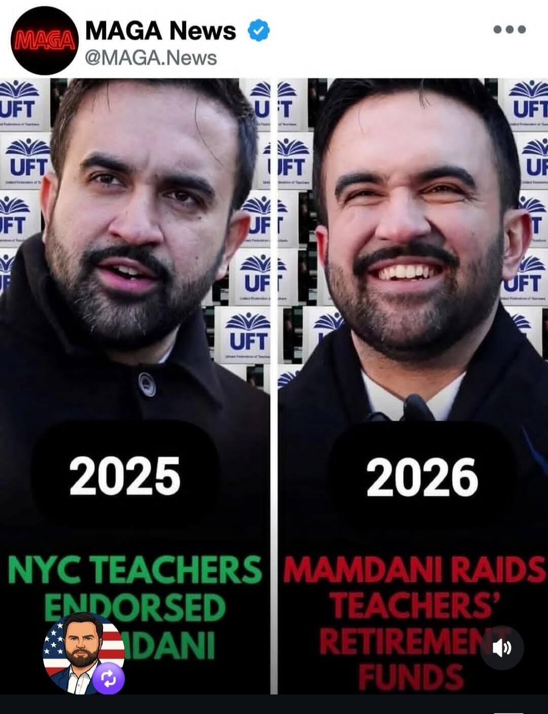 MAGA News @MAGA.News. UFT. 2025 NYC TEACHERS ENDORSED MAMDANI. 2026 MAMDANI RAIDS TEACHERS' RETIREMENT FUNDS.
