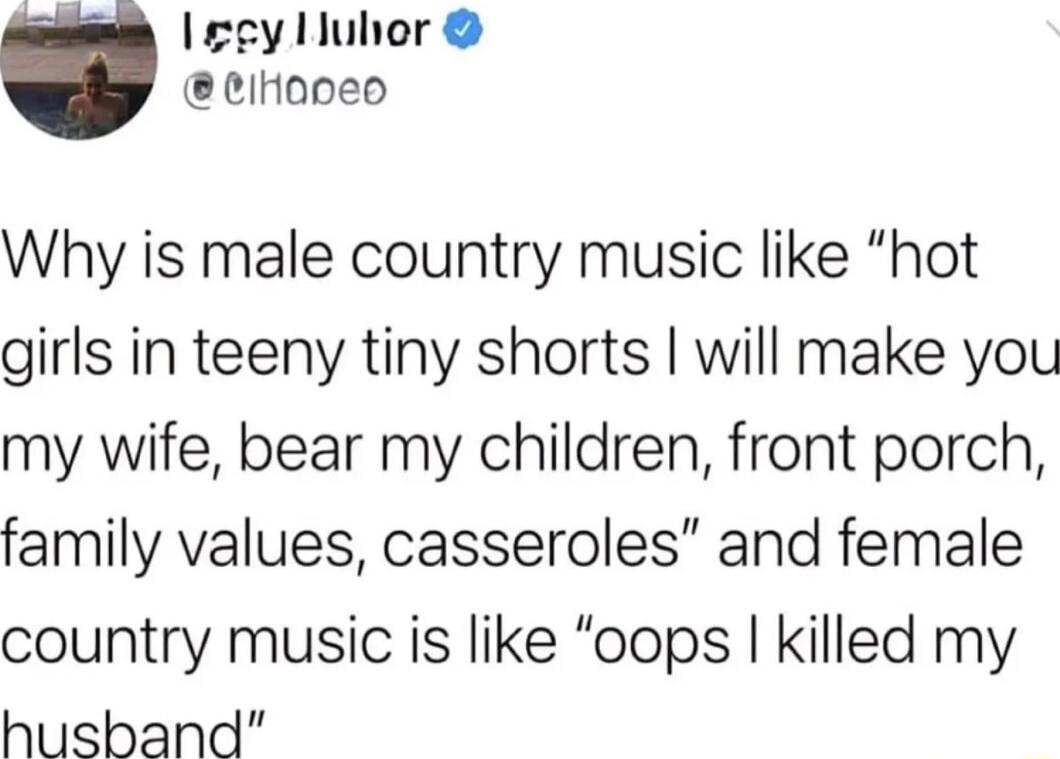 egy Huhor elHooeo Why is male country music like hot girls in teeny tiny shorts will make you my wife bear my children front porch family values casseroles and female country music is like oops killed my husband