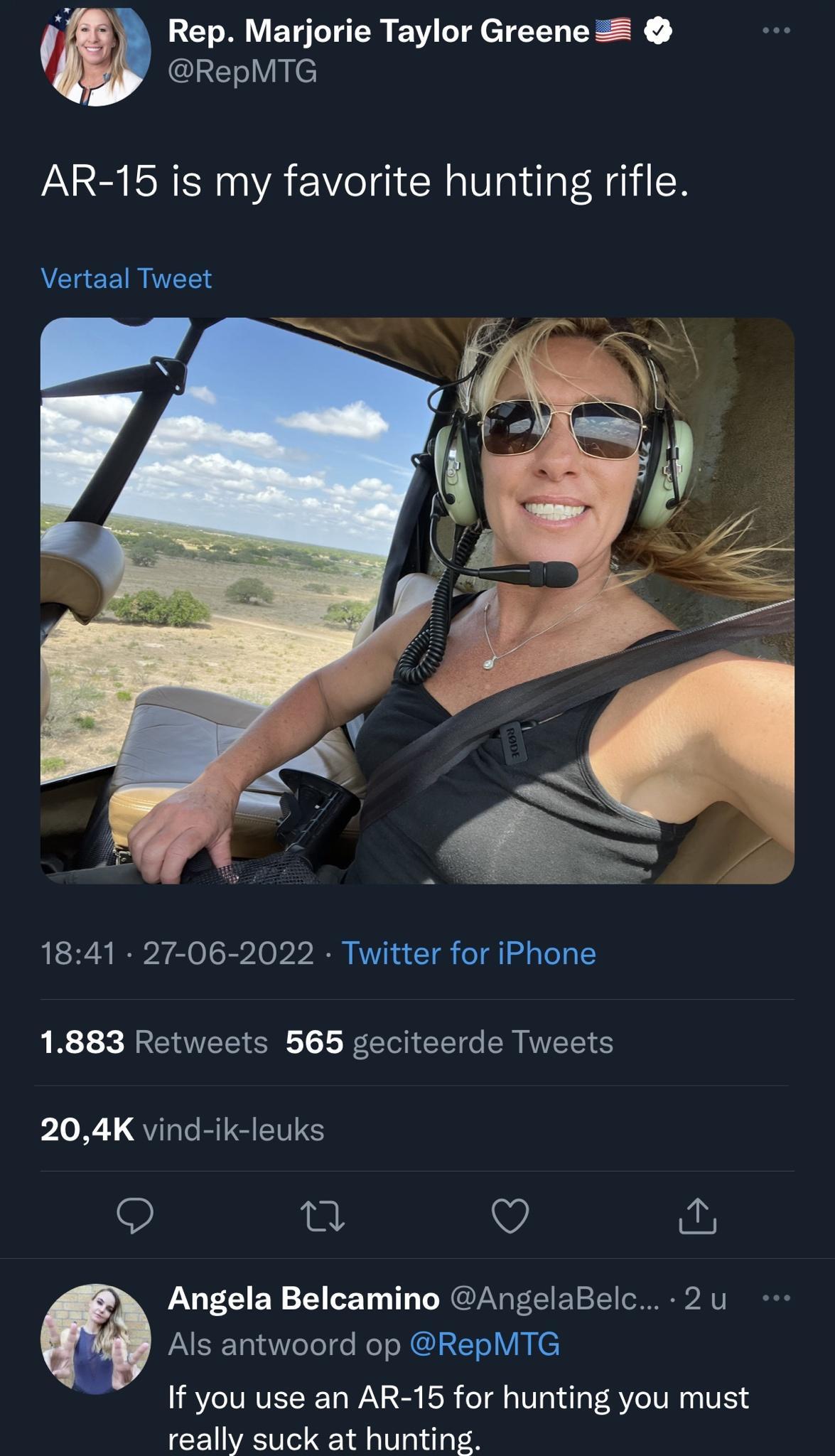 i Rep Marjorie Taylor Greene RepMTG AR 15 is my favorite hunting rifle Vertaal Tweet 1841 27 06 2022 Twitter for iPhone BRI REVEE R L EEI ER TR S 204K vind ik leuks o i Q Angela Belcamino AngelaBelc 2 u Als antwoord op RepMTG If you use an AR 15 for hunting you must reallV Alek At RUrdnEY