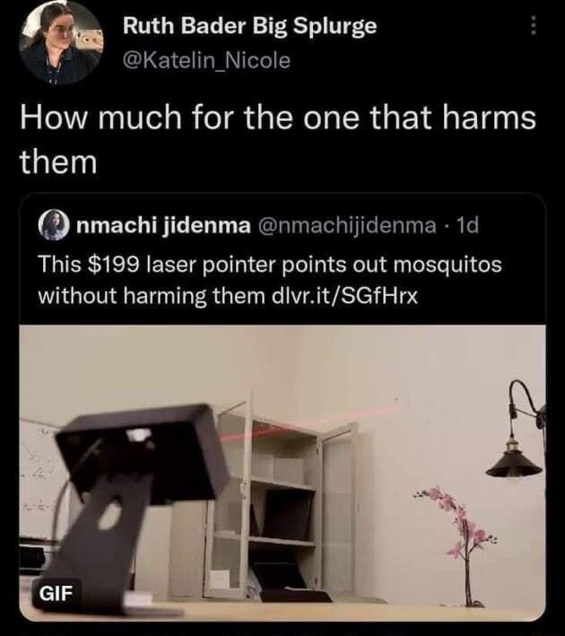 fh Ruth Bader Big Splurge CLEICILRNIIE How much for the one that harms them nmachi jidenma nmachijidenma 1d This 199 laser pointer points out mosquitos without harming them dlvritSGfHrx