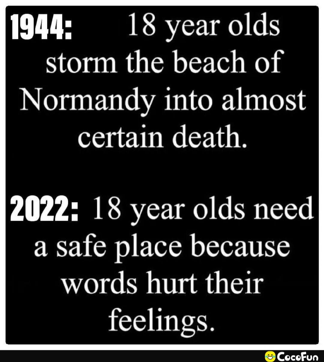 1944: 18 year olds storm the beach of Normandy into almost certain death. 2022: 18 year olds need a safe place because words hurt their feelings.