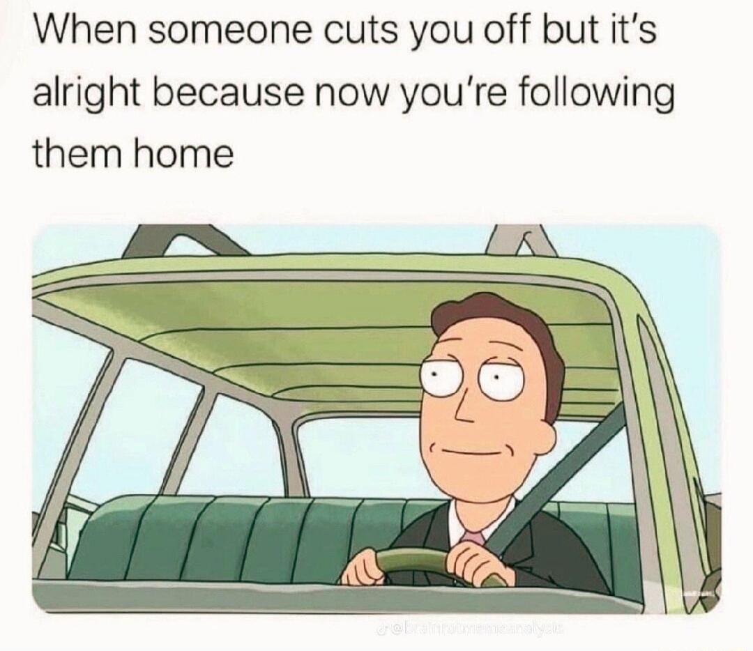 When someone cuts you off but it's alright because now you're following them home