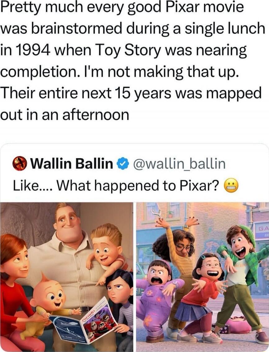 Pretty much every good Pixar movie was brainstormed during a single lunch in 1994 when Toy Story was nearing completion. I'm not making that up. Their entire next 15 years was mapped out in an afternoon

Wallin Ballin @wallin_ballin Like.... What happened to Pixar? 😬