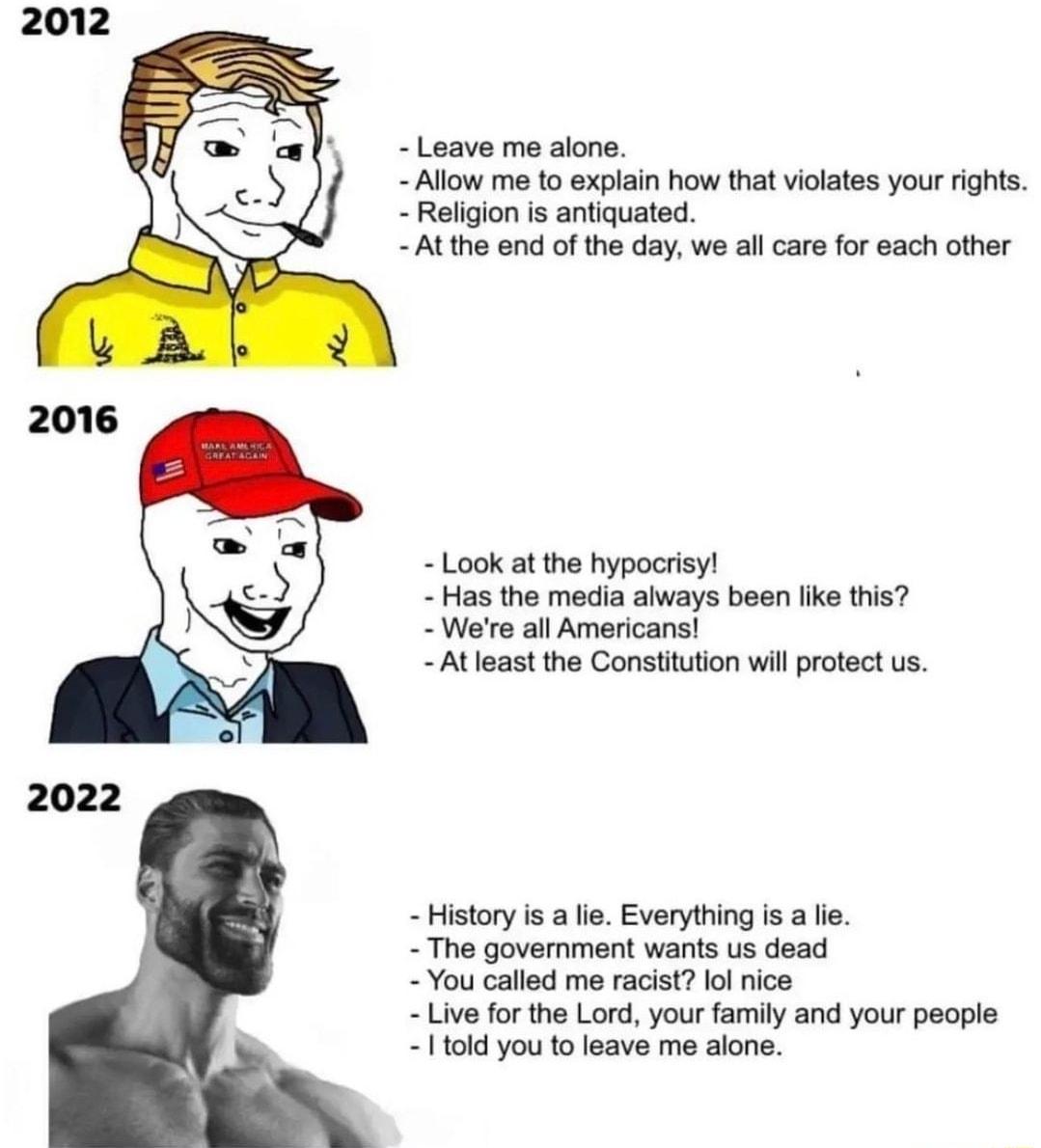 Leave me alone Allow me to explain how that violates your rights Religion is antiquated Atthe end of the day we all care for each other Look at the hypocrisy Has the media always been like this Were all Americans Atleast the Constitution wil protect us 2022 History is a lie Everything s a lie The govemment wants us dead You called me racist lol nice Live for the Lord your family and your people It