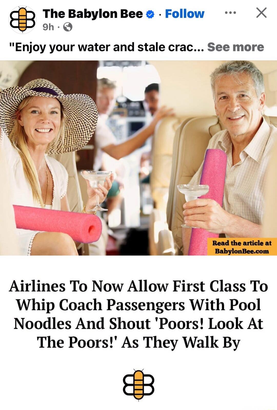 Enjoy your water and stale crackers. Airlines To Now Allow First Class To Whip Coach Passengers With Pool Noodles And Shout 'Poors! Look At The Poors!' As They Walk By. Read the article at BabylonBee.com