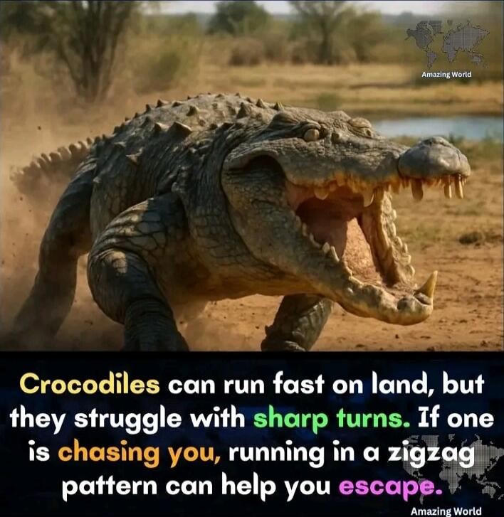 Crocodiles can run fast on land, but they struggle with sharp turns. If one is chasing you, running in a zigzag pattern can help you escape.