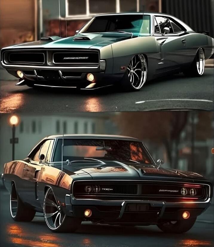 DODGE CHALLENGER (front grill) on top image. The bottom image shows a classic muscle car with a bold front grille and hood scoop. Possibly reads DODGE on the grille and CHALLENGER badges on the top model. No additional explicit text is clearly legible.