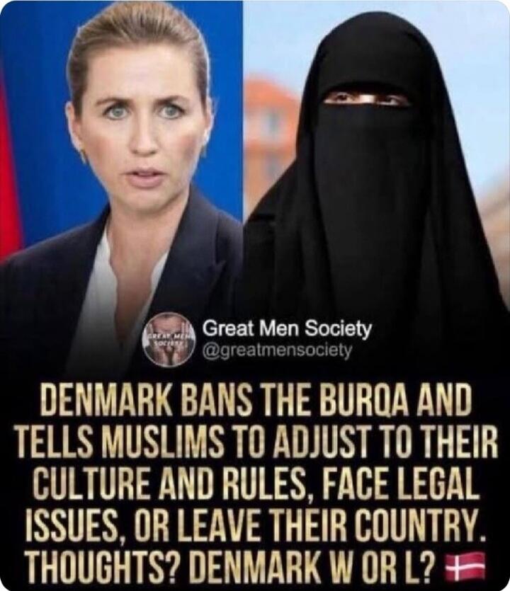 DENMARK BANS THE BURQA AND TELLS MUSLIMS TO ADJUST TO THEIR CULTURE AND RULES, FACE LEGAL ISSUES, OR LEAVE THEIR COUNTRY. THOUGHTS? DENMARK W OR L? 🇩🇰