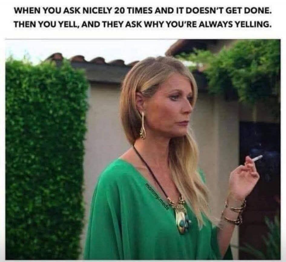 WHEN YOU ASK NICELY 20 TIMES AND IT DOESN'T GET DONE. THEN YOU YELL, AND THEY ASK WHY YOU'RE ALWAYS YELLING.