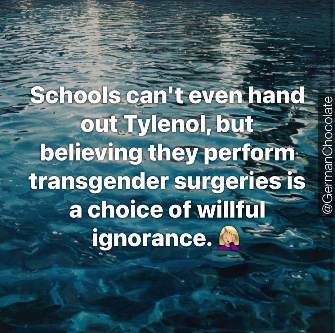 Schools can't even hand out Tylenol, but believing they perform transgender surgeries is a choice of willful ignorance.