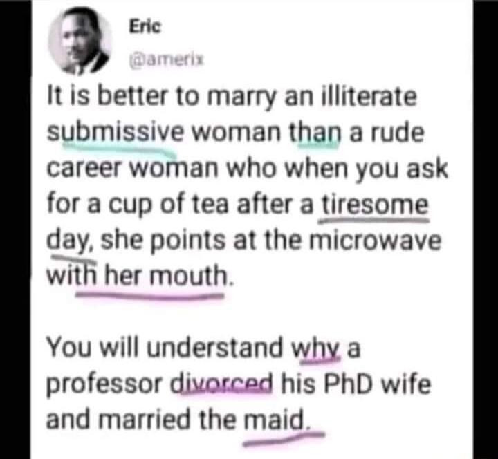 3 Eric Itis better to marry an illiterate submissive woman than a rude career woman who when you ask for a cup of tea after a tiresome day she points at the microwave with her mouth You will understand why a professor divarced his PhD wife and married the maid
