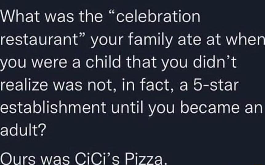 What was the celebration restaurant your family ate at when you were a child that you didnt CEIFEREN I MR M R RS 18 establishment until you became an cloV1wg Ours was CiCis Pizza