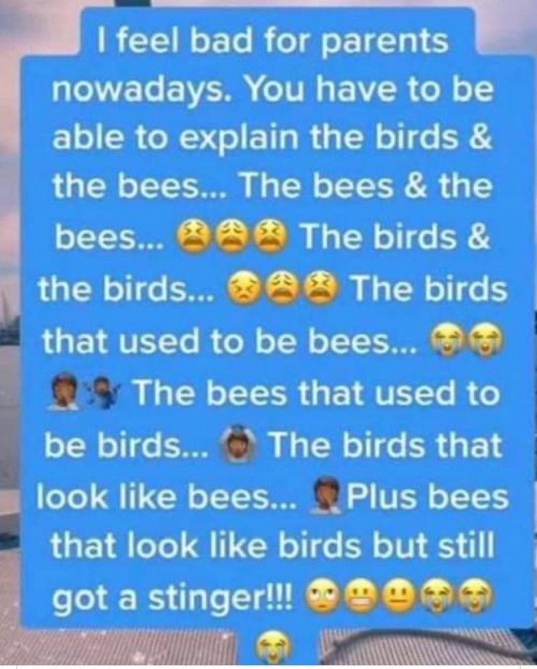 il fool bad for parents eVETe 2 VERR TN R A ol o5 able to explain the birds the bees The bees the bees AA The birds The bees that used to look like bees _Plus bees that look like birds but still got a stingerll 2OE X