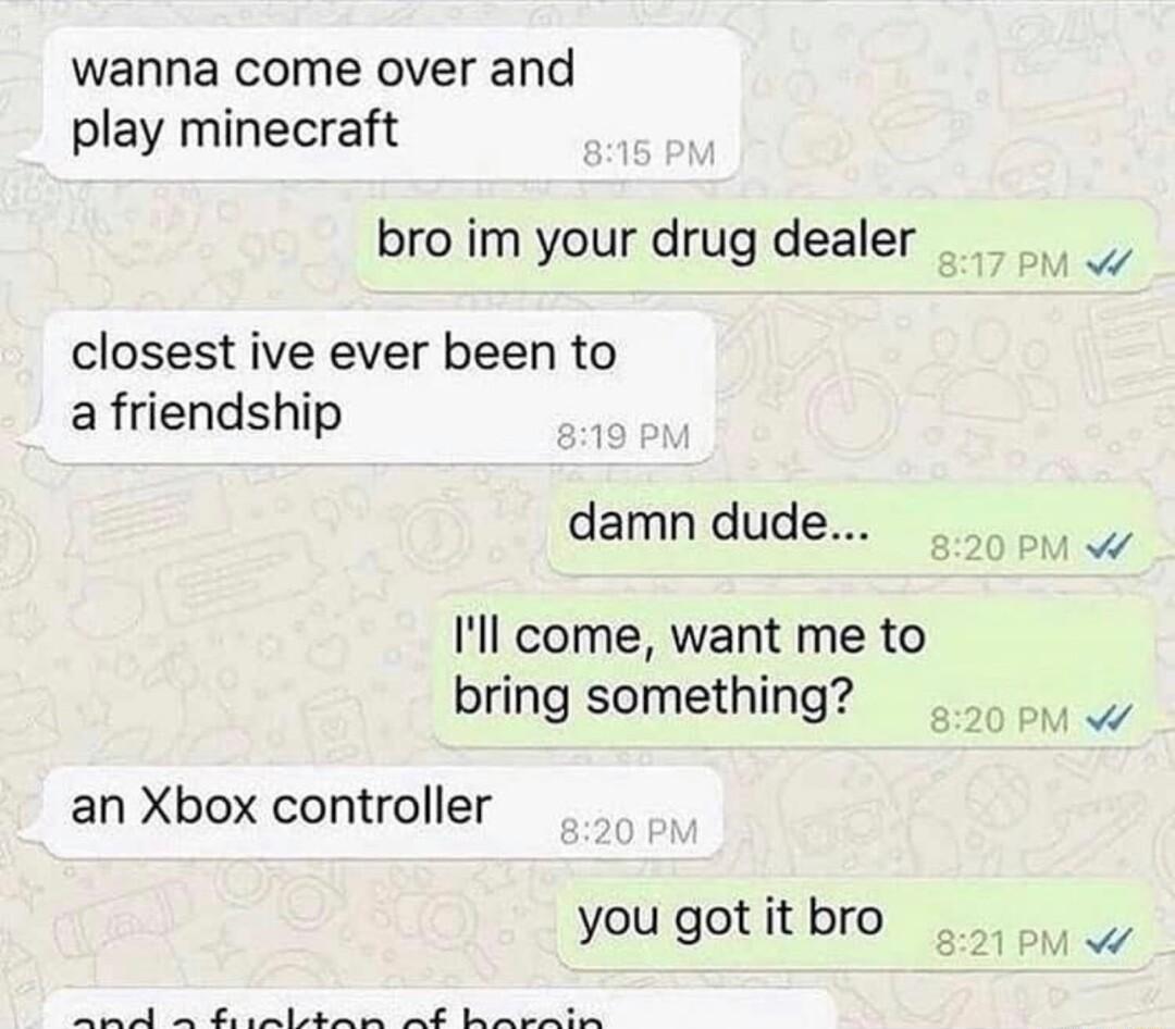 wanna come over and play minecraft bro im your drug dealer closest ive ever been to a friendship damn dude e Ill come want me to bring something an Xbox controller yougotitbro S R R e v