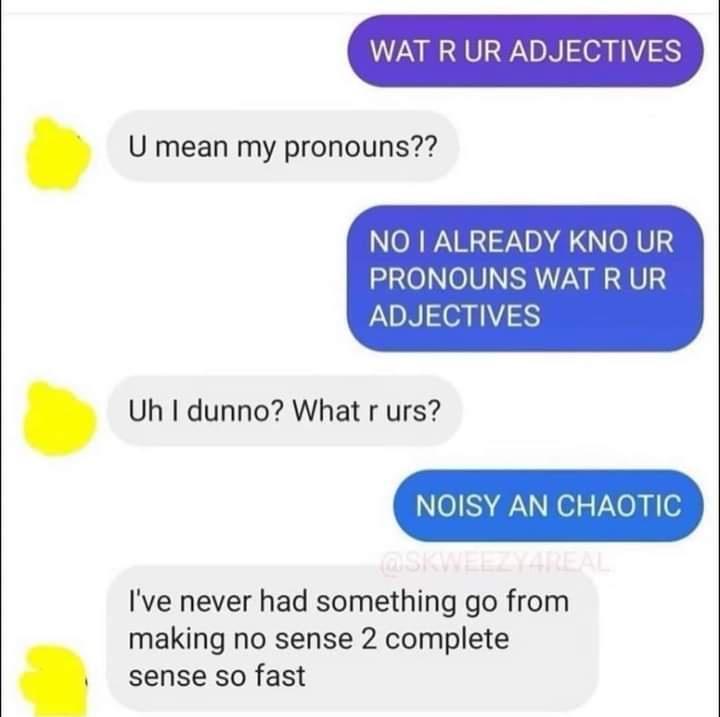 WAT R UR ADJECTIVES U mean my pronouns ORWA RN 0NE NO U PRONOUNS WAT R UR ADJECTIVES Uh dunno What r urs NOISY AN CHAOTIC Ive never had something go from making no sense 2 complete sense so fast