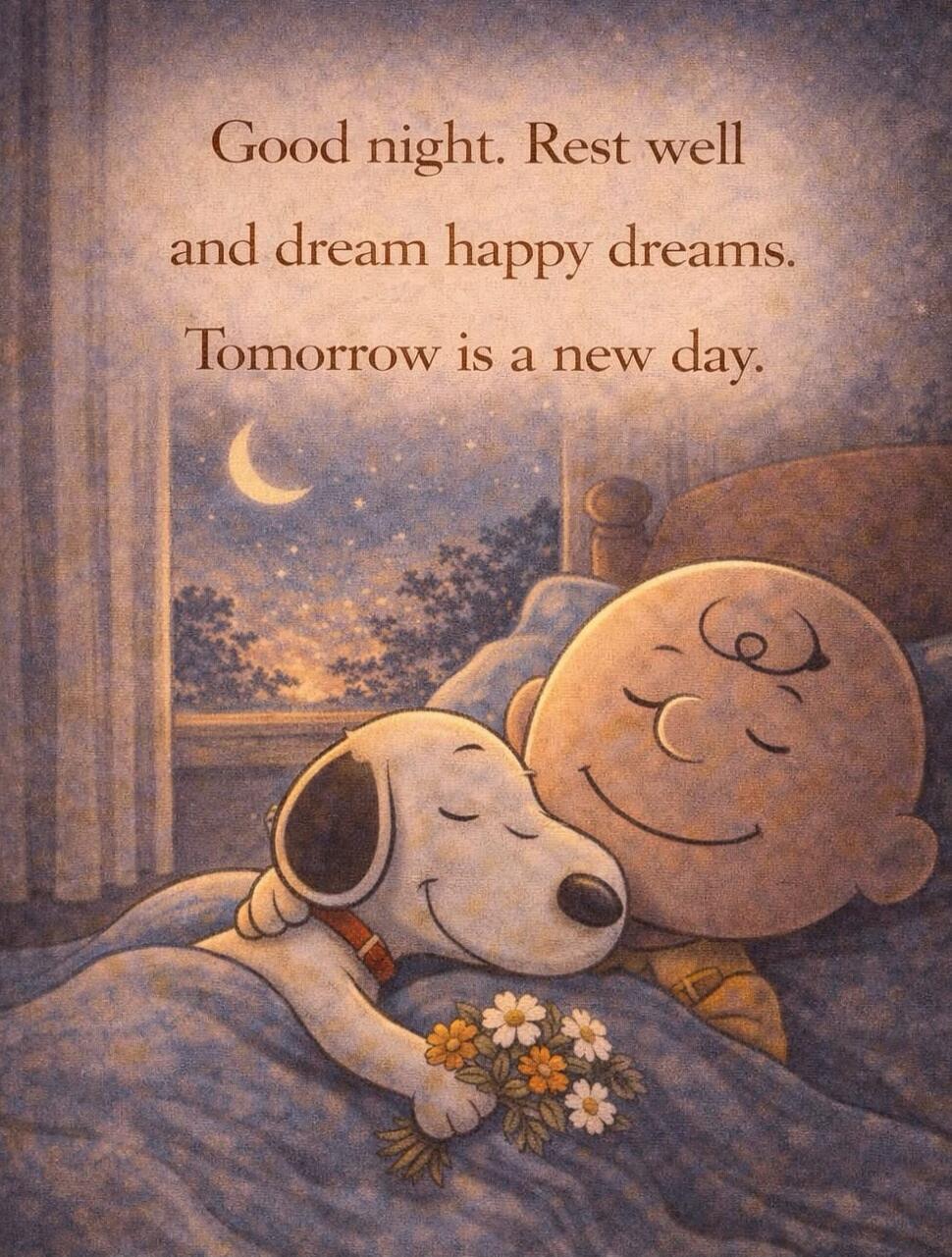 Good night. Rest well and dream happy dreams. Tomorrow is a new day.