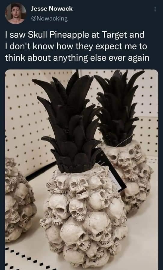 A JEEEERNVETS S Nowacking saw Skull Pineapple at Target and dont know how they expect me to think about anything else ever again 2330 15 Sep 21 Twitter for Android