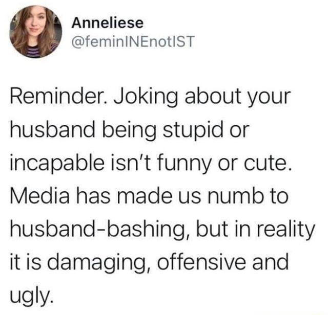 Anneliese feminINEnotIST Reminder Joking about your husband being stupid or incapable isnt funny or cute Media has made us numb to husband bashing but in reality itis damaging offensive and ugly