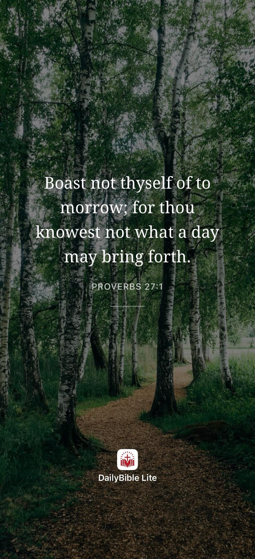 Boast not thyself of to morrow; for thou knowest not what a day may bring forth. PROVERBS 27:1 DailyBible Lite