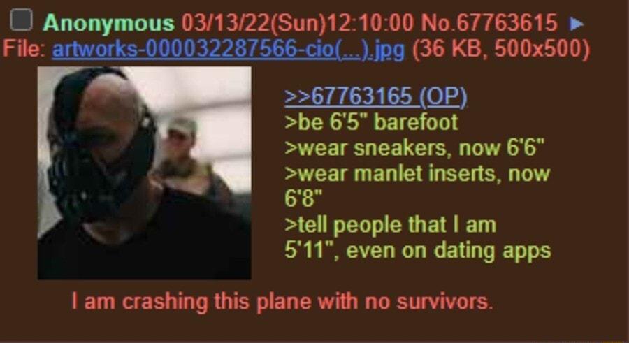 O Anonymous 031322Sun121000 No67763615 File artworks 000032287566 ciojng 36 KB 500x500 67763165 OP be 65 barefoot wear sneakers now 66 G wear manlet inserts now 68 tell people that am 511 even on dating apps 1 am crashing this plane with no survivors