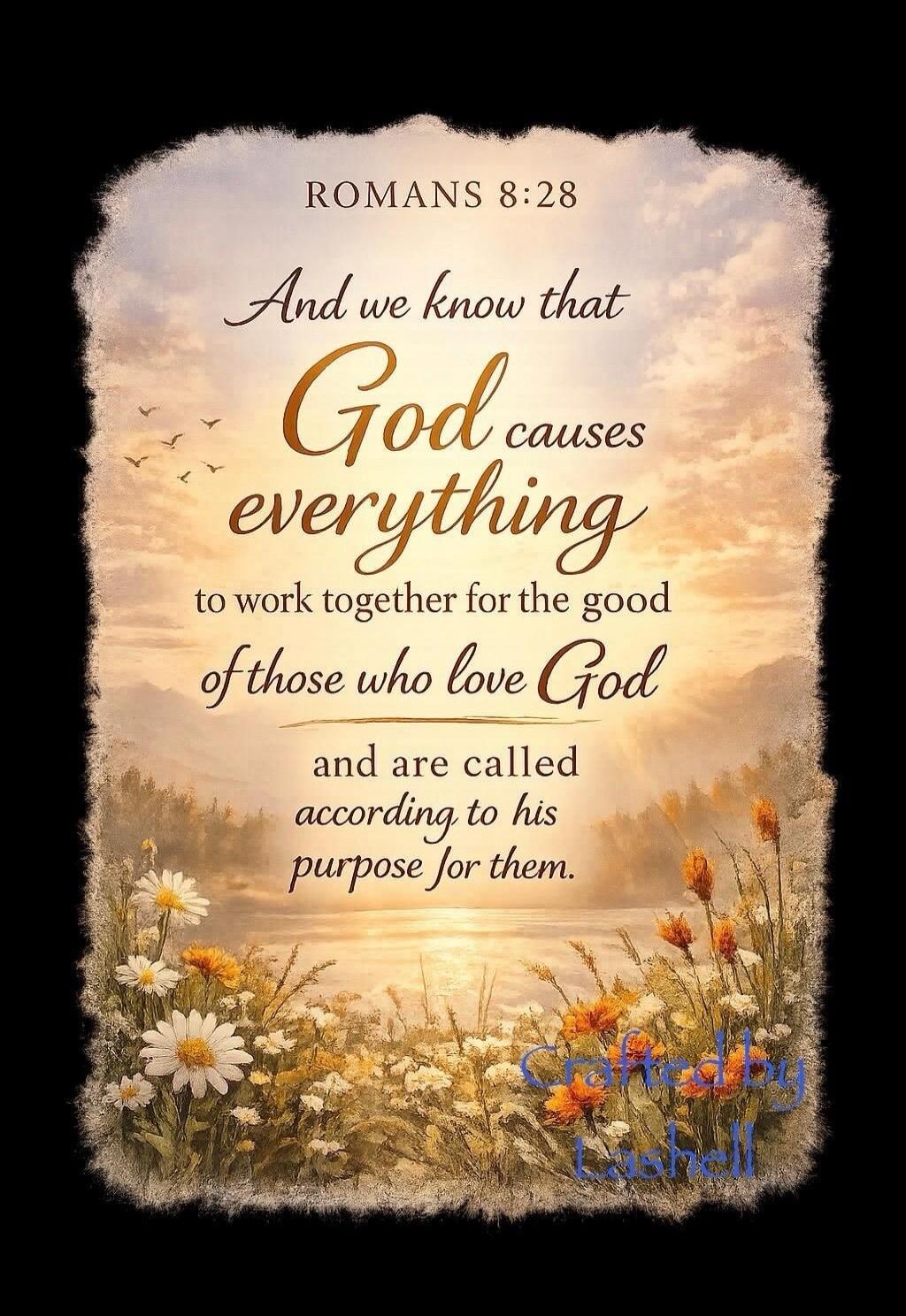ROMANS 8:28 And we know that God causes everything to work together for the good of those who love God and are called according to his purpose for them. Crafted by Lishell