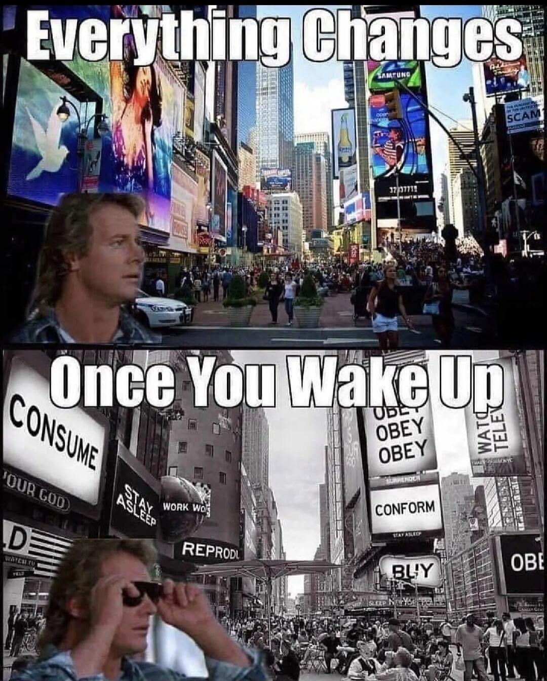 Everything Changes Once You Wake Up. Hidden messages on billboards: CONSUME, STAY ASLEEP, WORK, REPRODUCE, OBEY, CONFORM, BUY, WATCH TELEVISION.