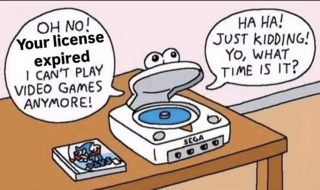 OH NO! Your license expired I CAN'T PLAY VIDEO GAMES ANYMORE! HA HA! JUST KIDDING! YO, WHAT TIME IS IT?