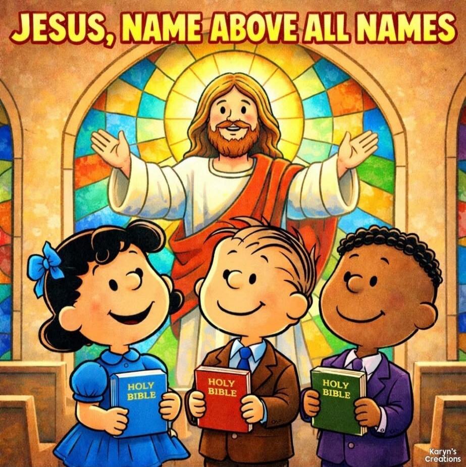 JESUS, NAME ABOVE ALL NAMES
[Image shows three children holding Holy Bibles; the girl in blue holds a blue Holy Bible, the boy in the middle holds a red Holy Bible, and the boy on the right holds a green Holy Bible.]