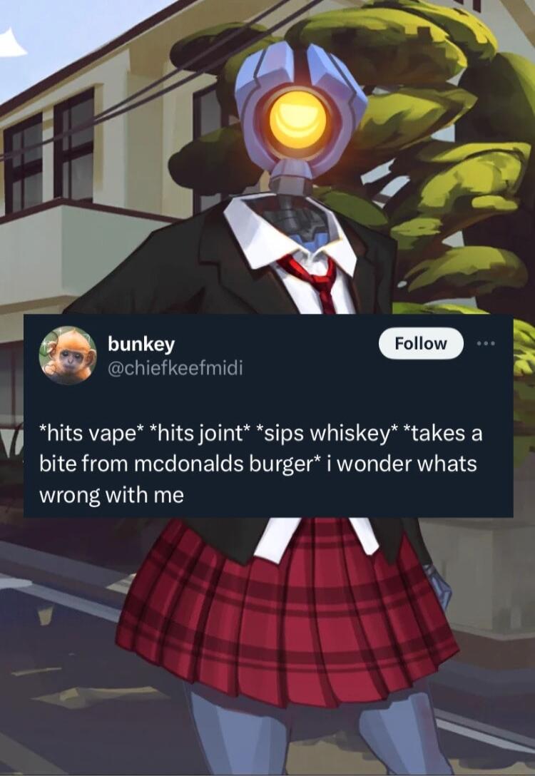 e P roion I chiefkeefmidi 4 hits vape hits joint sips whiskey takes a bite from mcdonalds burger i wonder whats wrong with me Y AAY D P
