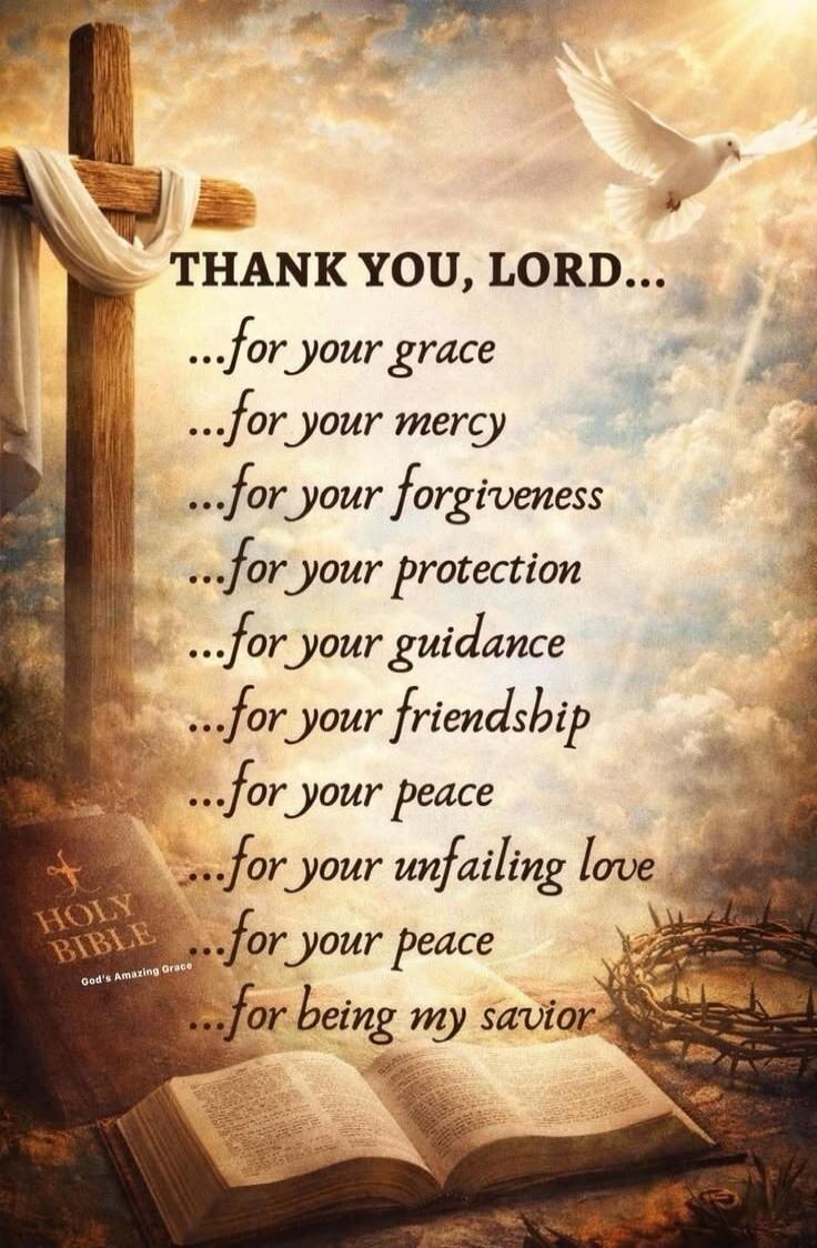 THANK YOU, LORD... for your grace... for your mercy... for your forgiveness... for your protection... for your guidance... for your friendship... for your peace... for your unfailing love... for your peace... for being my savior. HOLY BIBLE. God's Amazing Grace.