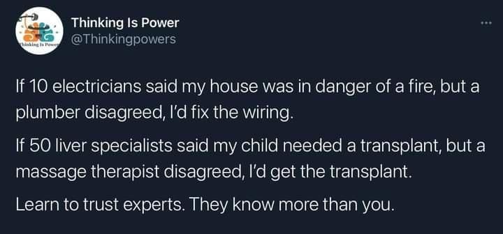 Thinking Is Power GS If 10 electricians said my house was in danger of a fire but a plumber disagreed Id fix the wiring RSTON VTS o Tol 1 IS 1 To Maa A all o NaltYo To R gTa K ol gl ol o U MEEEEICSREIE oIS He ETeClele ke Re SR A ERIE i olETa 1 Learn to trust experts They know more than you