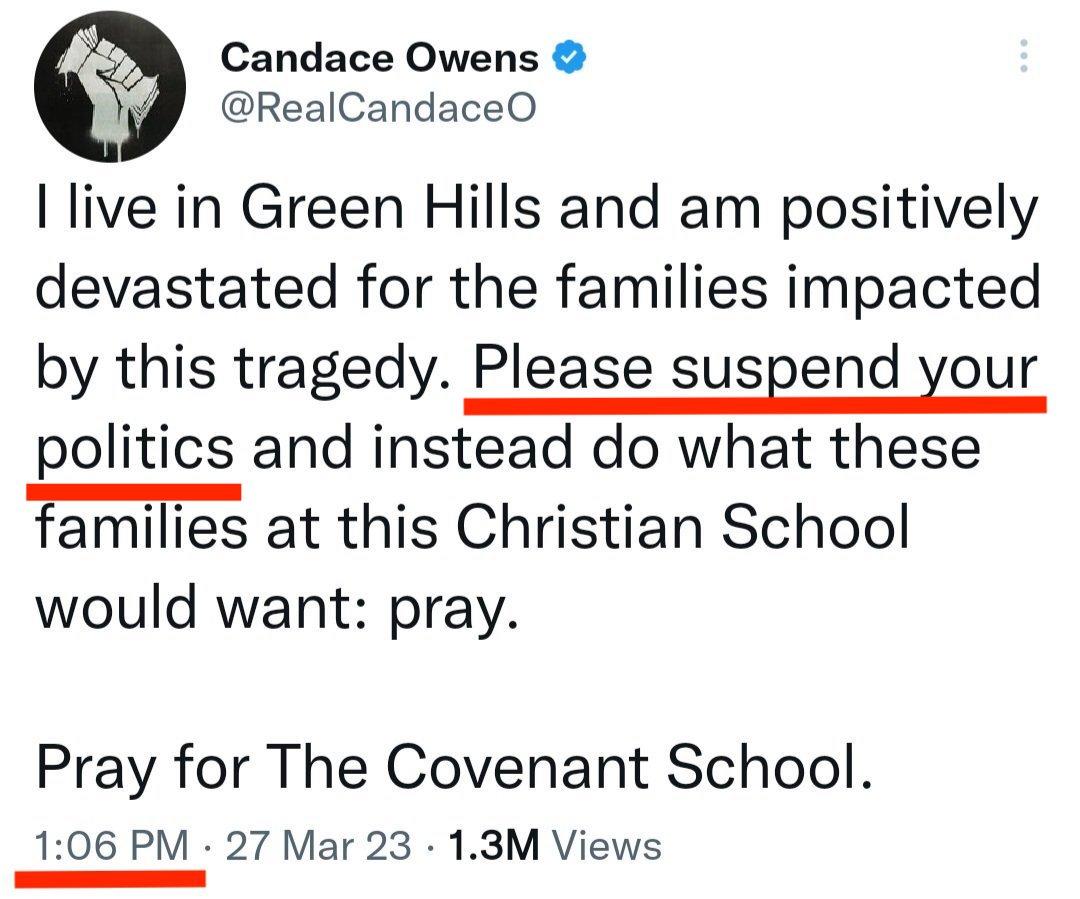 Candace Owens RealCandaceO live in Green Hills and am positively devastated for the families impacted by this tragedy Please suspend your politics and instead do what these families at this Christian School would want pray Pray for The Covenant School 106 PM 27 Mar 23 13M Views