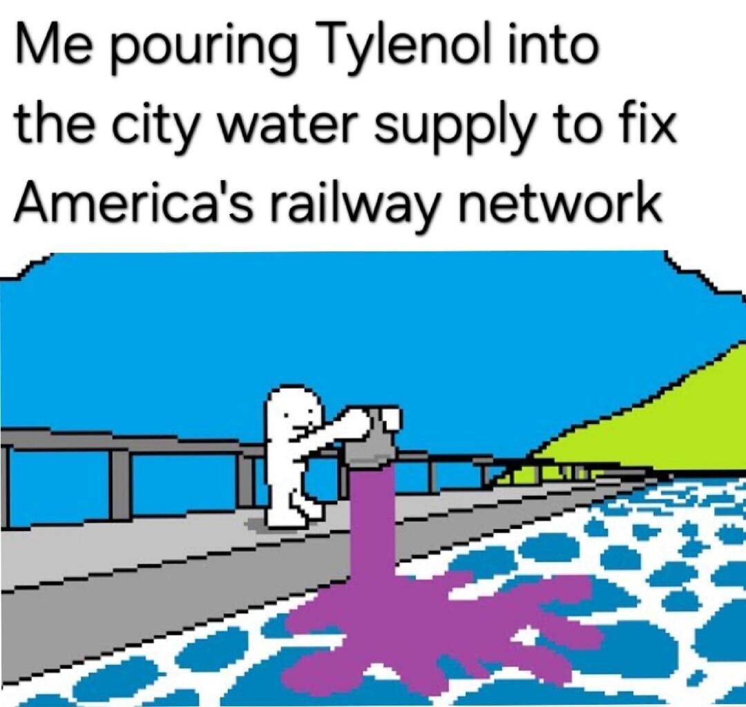 Me pouring Tylenol into the city water supply to fix America's railway network